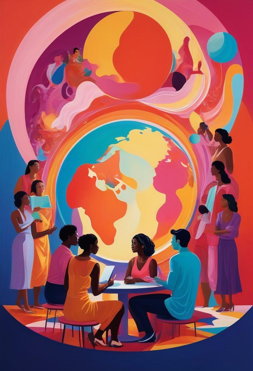 An artistic interpretation of a diverse group of people engaging in a thought-provoking discussion about sex positivity and the adult industry, symbolized by vibrant colors and abstract shapes representing empowerment and freedom. The setting includes open books, a globe, and symbols of various sexual orientations, all surrounded by soft, warm lighting to create an inviting atmosphere. playful and intriguing elements to capture the essence of adult interest while maintaining respect and inclusivity. vibrant colors. abstract art.