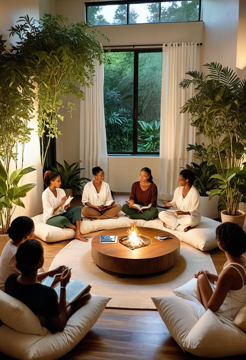 A serene setting featuring a diverse group of people engaged in a sensual wellness workshop, surrounded by soft lighting, lush plants, and cozy cushions. Display elements of education like books and discussion boards, alongside symbols of empowerment such as raised hands or a supportive circle. Emphasize warmth, connection, and inclusivity through facial expressions and body language. Ethereal glow and gentle color tones to evoke a sense of tranquility and empowerment. vibrant colors. super-realistic.