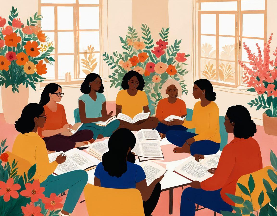 A dynamic scene depicting a diverse group of individuals engaging in an intimate education workshop, surrounded by symbols of sexual empowerment like blooming flowers and open books. Include warm, inviting colors to create a sense of empowerment and exploration, with subtle artistic elements that suggest connection and understanding among participants. The setting should be modern yet comfortable, encapsulating a safe space for dialogue and learning. vibrant colors. contemporary illustration.